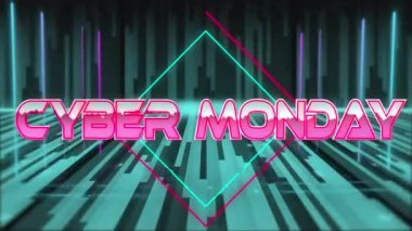 Neon elmaslar ve metaevren ızgarası üzerine metalik pembe ile siber pazartesi metninin animasyonu. Genel video oyunu, bağlantılar ve dijital olarak oluşturulmuş iletişim konsepti.
