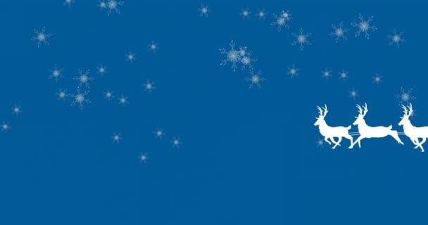 Анимация Санта Клауса Санях Северным Оленем Над Снегом Падающим Синий — стоковое видео