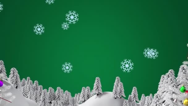 Animación Copos Nieve Cayendo Sobre Árbol Navidad Blanco Paisaje Invierno — Vídeo de stock
