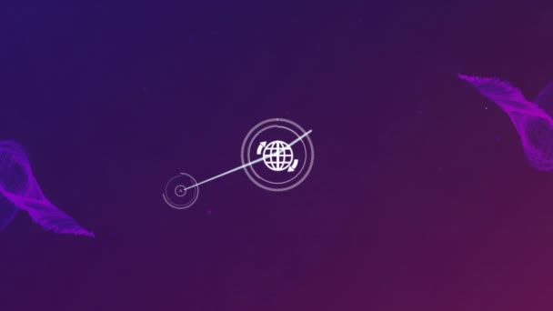 Анимация Сети Цифровых Икон Над Фиолетовыми Цифровыми Волнами Фоне Градиентного — стоковое видео