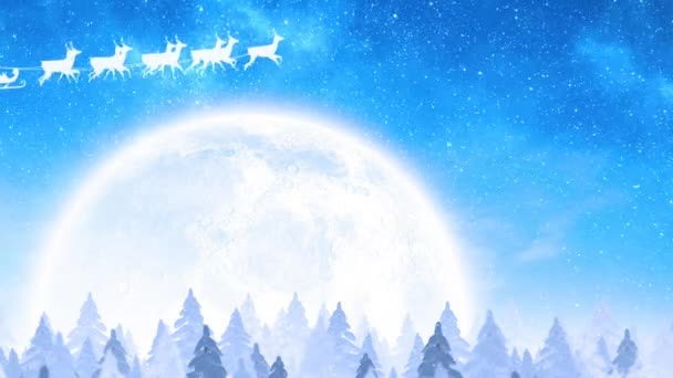 下雪天 桑塔骑雪橇迎着明月蓝天的动画 数字生成的全息图 圣诞节庆祝活动 庆祝活动和寒假概念 — 图库视频影像