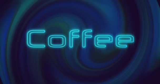 霓虹灯蓝色咖啡文字横幅在蓝色数字波上的动画在黑色背景下旋转 业务或服务概念的信息标识 — 图库视频影像