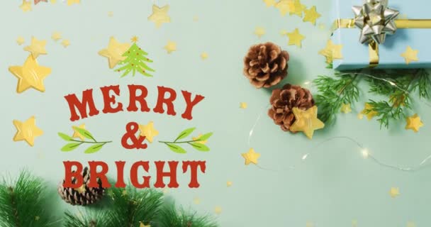 Animazione Allegro Luminoso Testo Stelle Sopra Regali Decorazioni Natale Tradizione — Video Stock