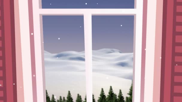 Animace Santa Clause Saních Soby Přes Padající Sníh Zimní Krajinu — Stock video