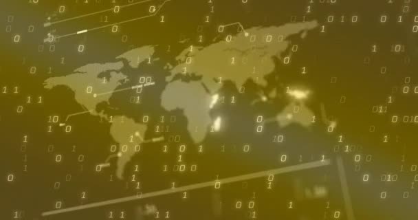 动画下降二进制代码在全球 地图和数据库的背景 数字生成 全息图 机器学习 全球化 商业和技术概念 — 图库视频影像