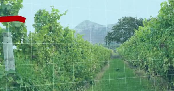 山と澄んだ空に対して減少する複数の線グラフのアニメーション デジタル複合体 複数の露出 レポート 農業と自然概念 — ストック動画