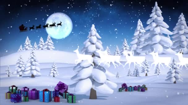 Анимация Санта Клауса Санях Оленями Рождественской Елке Зимних Пейзажах Рождество — стоковое видео