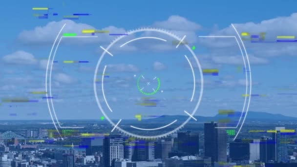 Şehir Manzarası Üzerinde Kapsam Veri Işleme Animasyonu Küresel Finans Veri — Stok video