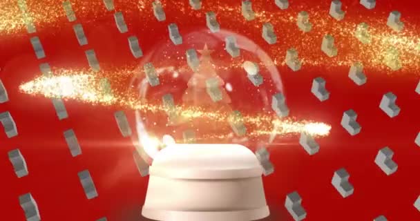 Animaatio Lumi Pallo Joulukuusi Tähdenlento Yli Punaisen Tilan Digitaalisilla Sydämillä — kuvapankkivideo