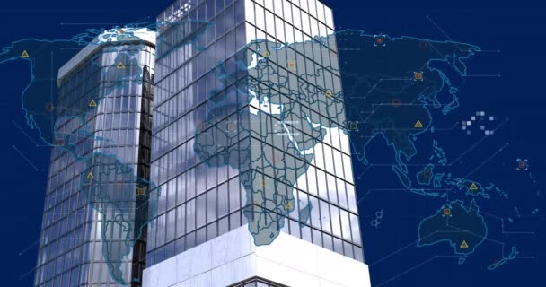 Animatie Van Gegevensverwerking Wereldkaart Kantoorgebouwen Global Business Finance Data Processing — Stockvideo