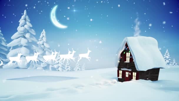 Animação Papai Noel Trenó Com Renas Sobre Casa Cenário Inverno — Vídeo de Stock