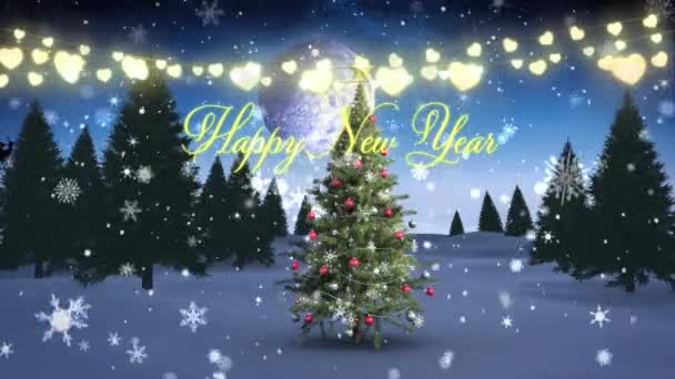 Animação Texto Feliz Ano Novo Luzes Fadas Neve Sobre Árvore — Vídeo de Stock