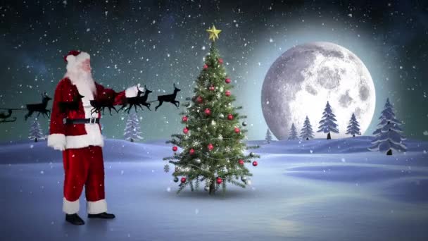 Animacja Świętego Mikołaja Saniach Reniferami Nad Choinką Zimowej Scenerii Boże — Wideo stockowe