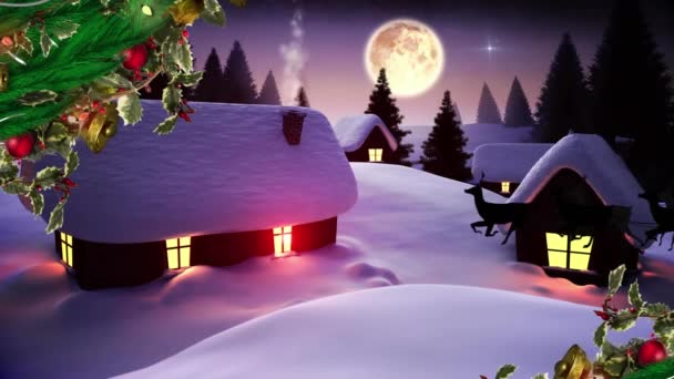Animacja Świętego Mikołaja Saniach Reniferami Nad Domami Bożego Narodzenia Zimowej — Wideo stockowe