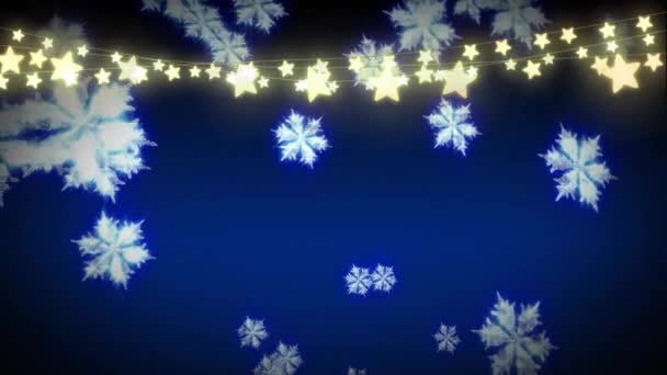 Animação Luzes Fada Forma Estrela Pendurada Sobre Flocos Neve Ícones — Vídeo de Stock