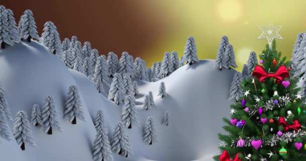 풍경에는 크리스마스 트리를 장식하는 애니메이션 배경으로 크리스마스 축제와 축하의 — 비디오