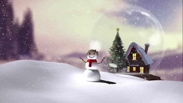 クリスマスツリーと家で雪男と雪の地球上に落ちる雪のアニメーション クリスマス 伝統とお祝いのコンセプトデジタル生成ビデオ — ストック動画