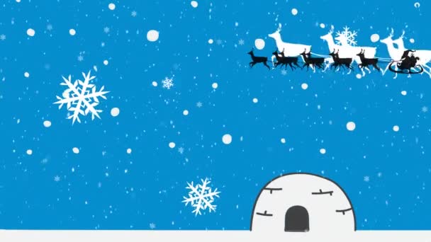 Animation Santa Claus Sleigh Reindeer Snow Falling Igloo Christmas Festivity — Stock Video