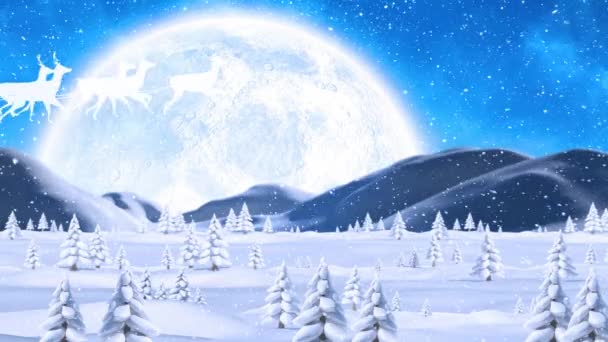 雪橇上降雪的动画和冬季风景上的驯鹿一起落在桑塔爪上 圣诞节 传统和庆祝概念数字制作的录像 — 图库视频影像