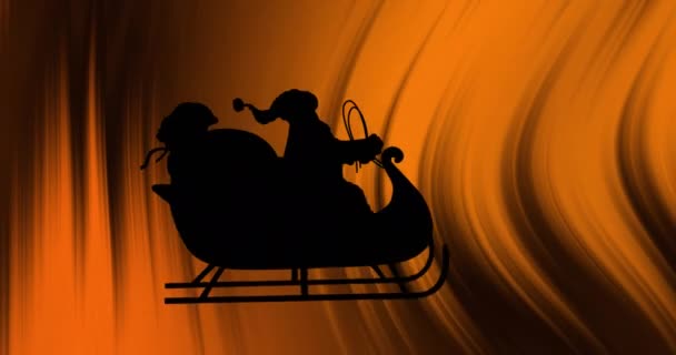 Animation Black Silhouette Santa Claus Sleigh Textured Orange Background Christmas — Stock Video