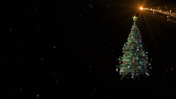 黒い背景にクリスマスツリー上の雪の落下や光スポットのアニメーション クリスマス お祝いのコンセプトデジタル生成ビデオ — ストック動画