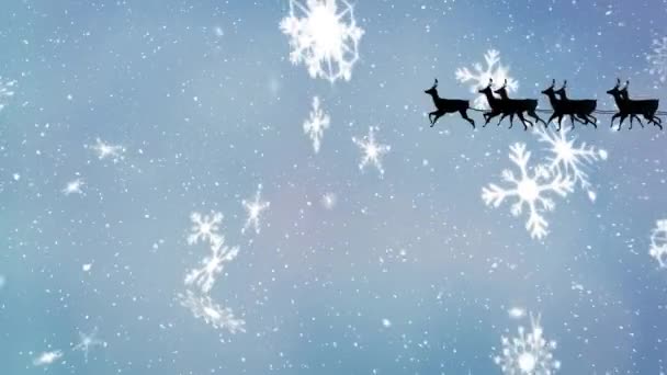 圣塔雪橇和雪在浅蓝色背景上的动画 圣诞节 传统和庆祝概念数字制作的录像 — 图库视频影像