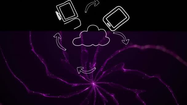 Animace Více Ikon Rotujících Kolem Ikony Cloudu Abstraktním Vzoru Černém — Stock video