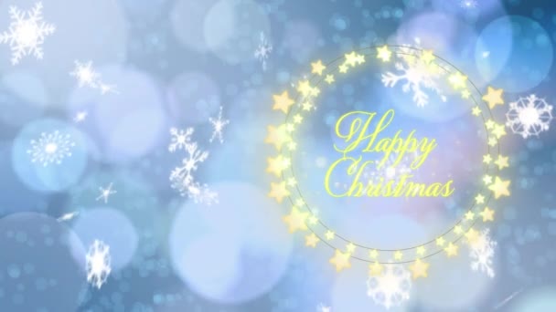 Animación Copos Nieve Sobre Texto Navidad Feliz Sobre Banner Luces — Vídeo de stock