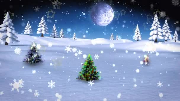 夜空に向かって冬の風景の上に3本のクリスマスツリーの上に落ちる雪片のアニメーション クリスマスのお祭りとお祝いのコンセプト — ストック動画