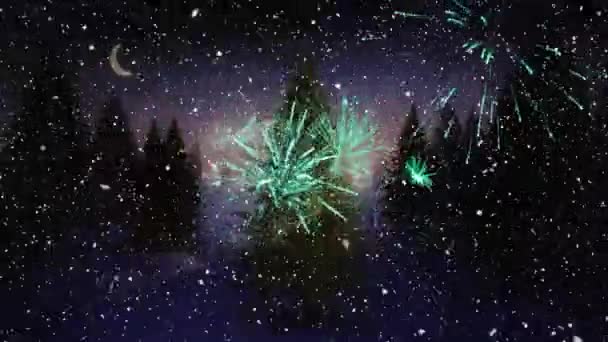 Frohes Neues Jahr Textbanner Gegen Schnee Der Über Explodierendes Feuerwerk — Stockvideo
