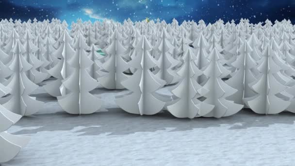 雪のアニメーション夜空に対して冬の風景の複数の木の上に落ちる クリスマスのお祭りとお祝いのコンセプト — ストック動画