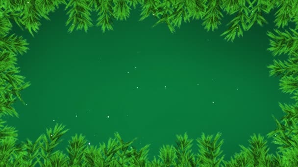 Анімація Снігу Падає Над Зеленим Листям Рамки Зеленому Тлі Різдвяні — стокове відео