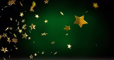 Yeşil zemin üzerine düşen altın yıldızların animasyonu. Noel, şenlik, kutlama ve gelenek konsepti dijital olarak oluşturuldu.