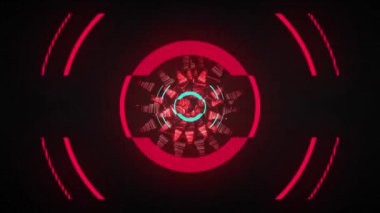 Kırmızı halkaların siyah arkaplanda kırmızı kaleydoskopik şekillere yüklenmesinin animasyonu. Veri, küresel iletişim ve dijital arayüz kavramı dijital olarak oluşturulmuş video.