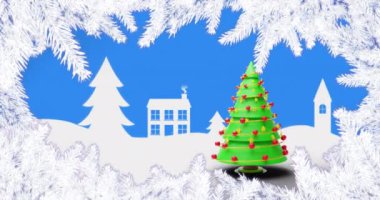 Mavi arka planda dönen noel ağacı animasyonları, evler ve beyaz köknar dalları. Noel, şenlik, kutlama ve gelenek konsepti dijital olarak oluşturuldu.