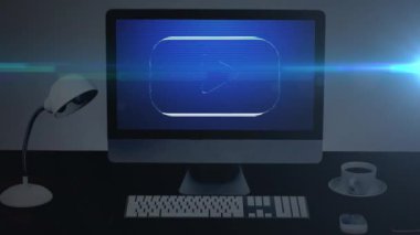 Bilgisayar ekranında mavi-beyaz oyun sembolü olan ofis masasının animasyonu. Teknoloji, iletişim ve dijital arayüz kavramı dijital olarak oluşturulmuş video.