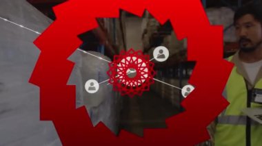 Kırmızı soyut desenlerin animasyonu, Asyalı işçilerin depoda envanter taraması üzerine bağlı ikonlar. Dijital bileşik, çoklu pozlama, depolama, dağıtım ve teknoloji kavramı.