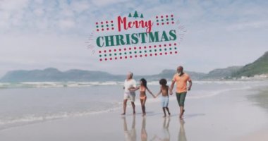 Yılbaşı kutlamalarının animasyonu, Afrika kökenli Amerikalı büyükbabalar ve torunları plajda mesajlaşıyor. Noel, gelenek, kutlama ve şenlik kavramı dijital olarak oluşturuldu.