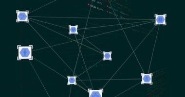 Grafikler ve alım satım tahtasındaki çizgilerle bağlantılı beyaz karelerdeki simgelerin canlandırılması. Dijital olarak üretilmiş, hologram, borsa, yatırım, rapor, finans, iş ve teknoloji kavramı