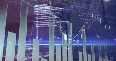 Çoklu grafik animasyonu, programlama dili ve soyut arkaplan üzerinden işlem tahtası. Dijital olarak üretilmiş, hologram, rapor, finans, borsa, yatırım ve teknoloji kavramı.