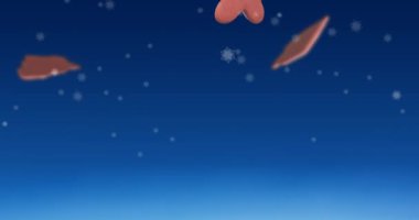 Mavi arkaplana düşen kar tanelerinin üzerine düşen zencefilli kurabiyelerin animasyonu. Noel, şenlik, gelenek ve kutlama konsepti dijital olarak oluşturuldu.