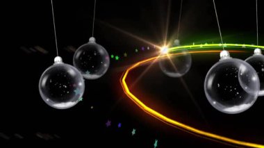 Noel animasyonları sarkıyor, kar yağıyor ve siyah arka planda neon noel ağacı. Noel, şenlik, gelenek ve kutlama konsepti dijital olarak oluşturuldu.