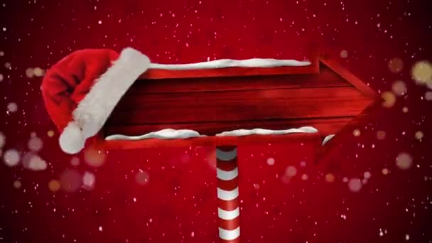 Animation Christmas Sign Copy Space Santa Hat Snow Falling Red — Stock Video