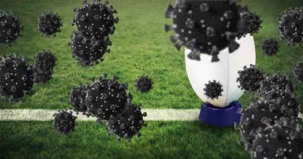 Animace Padající Covid Buněk Nad Americkým Fotbalovým Míčem Global Covid — Stock video