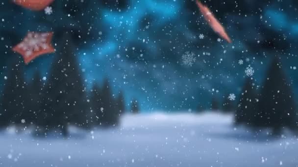 Animacja Bożonarodzeniowych Piernikowych Ciasteczek Nad Płatkami Śniegu Spadającymi Zimowymi Krajobrazami — Wideo stockowe