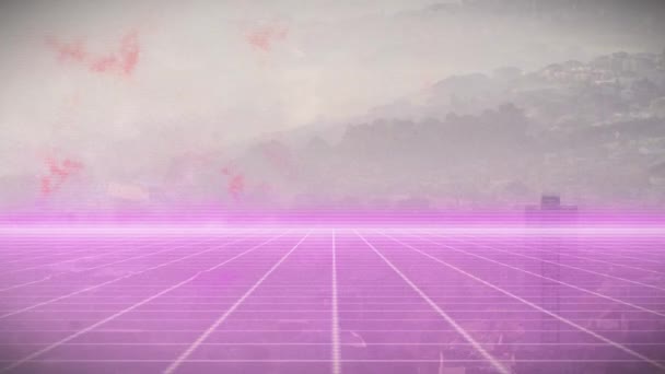 Κινούμενο Σχέδιο Ροζ Φωτισμένο Πλέγμα Πυκνό Συννεφιασμένο Ουρανό Ψηφιακό Σύνθετο — Αρχείο Βίντεο