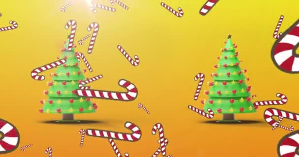 Animace Cukrovinek Padající Přes Vánoční Stromky Žlutém Pozadí Vánoce Slavnost — Stock video