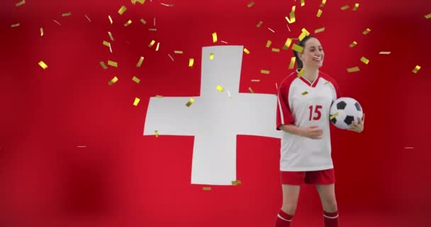 Beyaz Kadın Futbolcunun Sviçre Bayrağı Üzerindeki Animasyonu Küresel Spor Vatanseverlik — Stok video