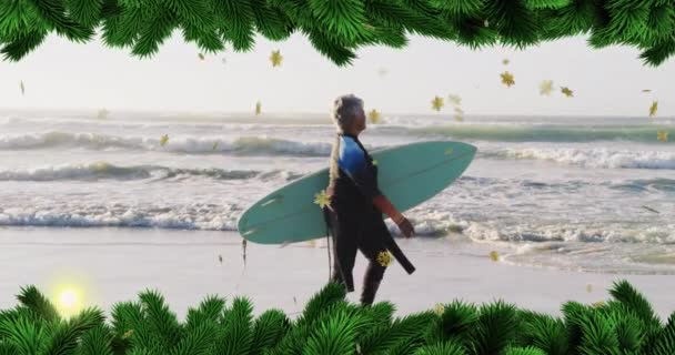 Animace Vánoční Výzdoby Nad Biracial Žena Surfy Pláži Vánoce Tradice — Stock video