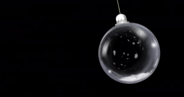 Animation Christmas Bauble Dangling Snow Falling Black Background Christmas Festivity — Stock Video
